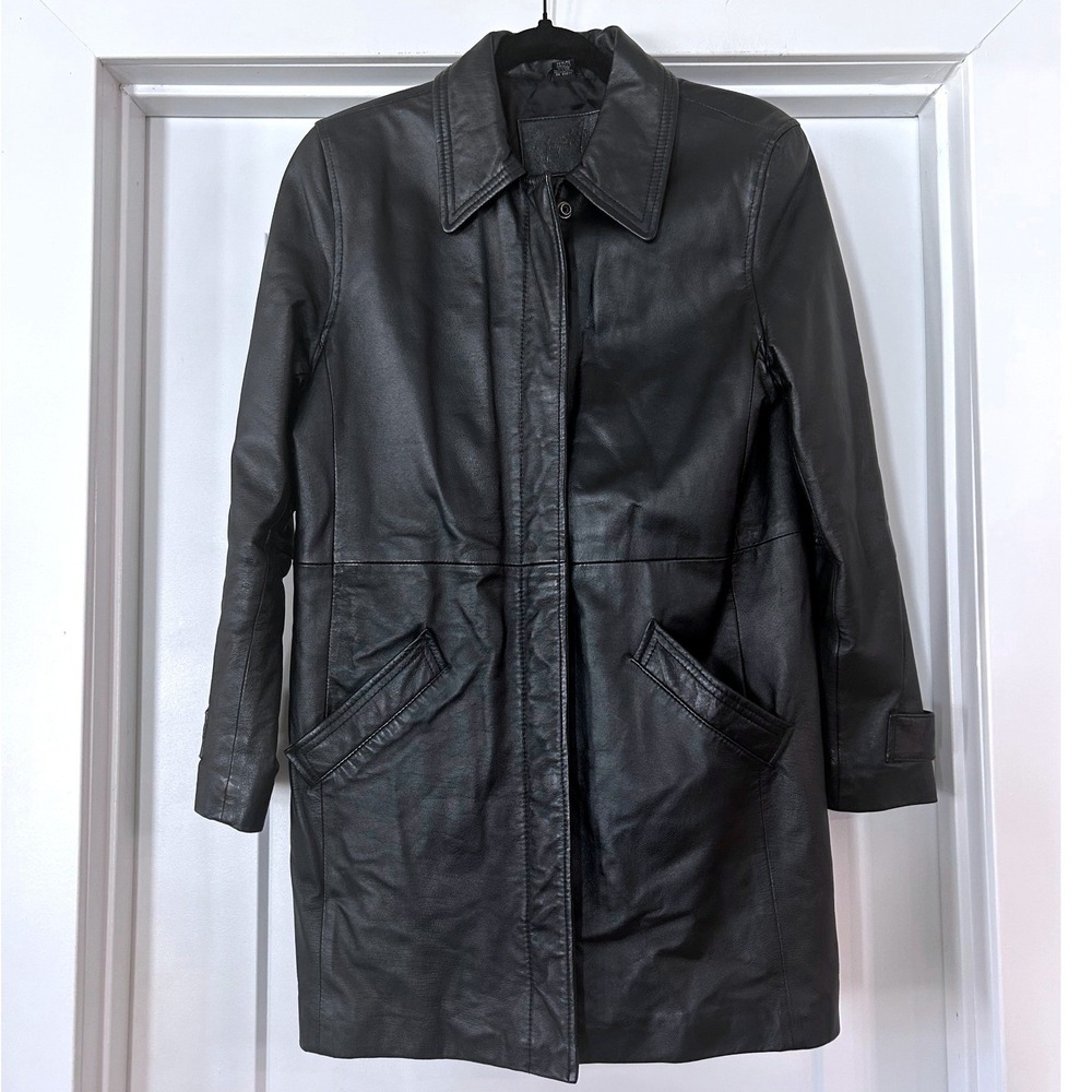 Jacqueline Ferrar 90s Vintage Genuine Black Leather Car Coat Jacket Petite Small